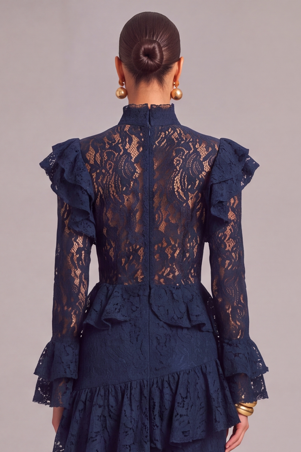 Black Tiered Lace High Neck Ruffled Long Wedding Guest Dress