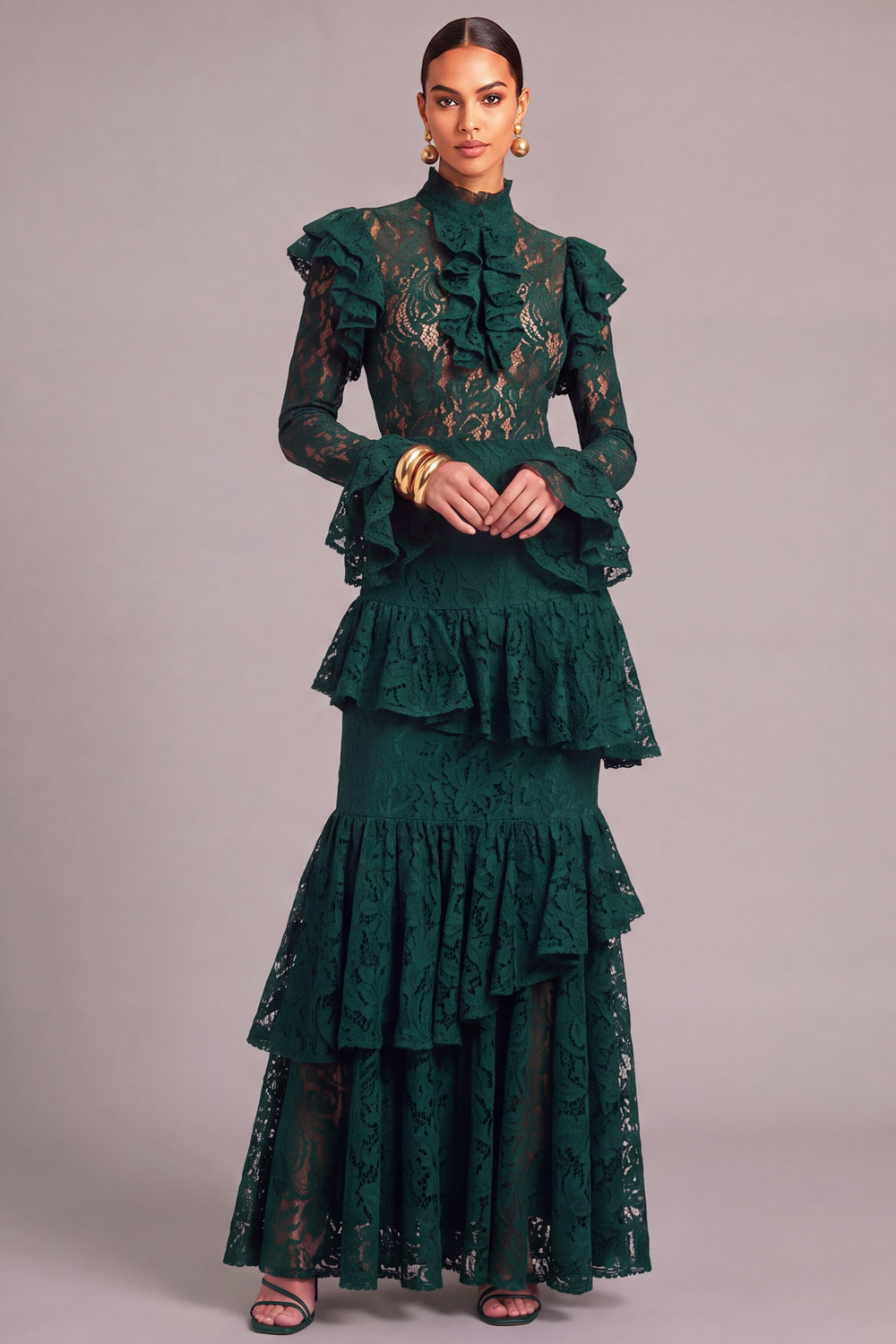 Leely Women Dark Green Lace Long Ruffled Fall Wedding Guest Dress Tiered Mermaid High Neck Black Tie Dress with Sleeves