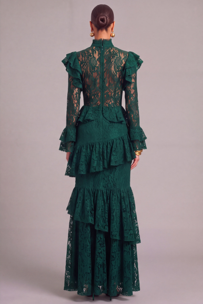 Black Tiered Lace High Neck Ruffled Long Wedding Guest Dress