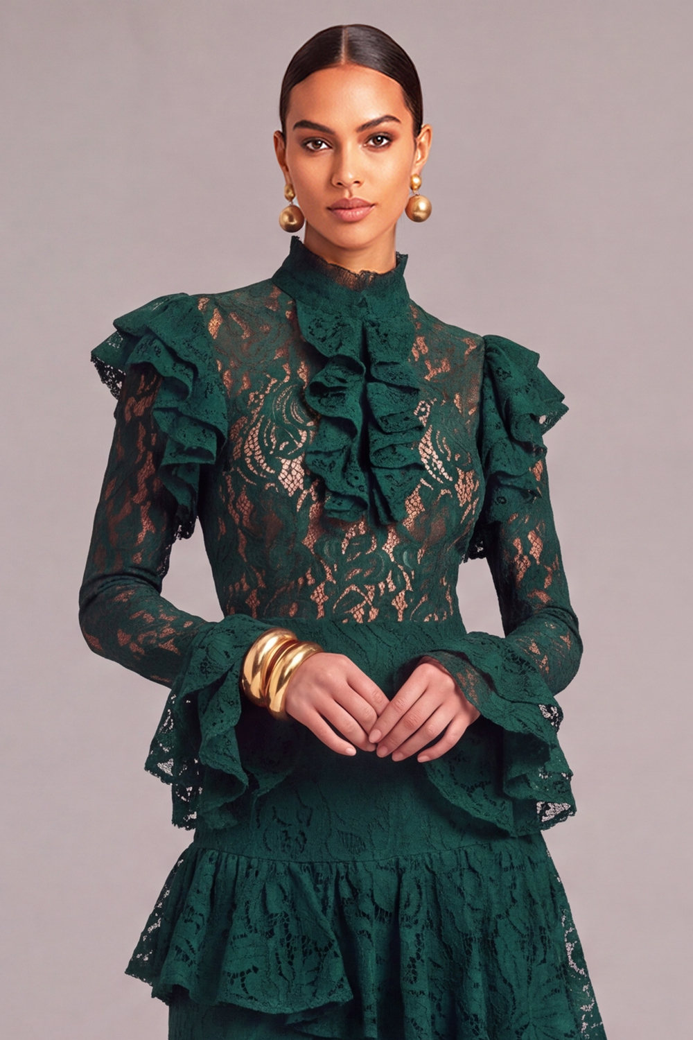 Black Tiered Lace High Neck Ruffled Long Wedding Guest Dress