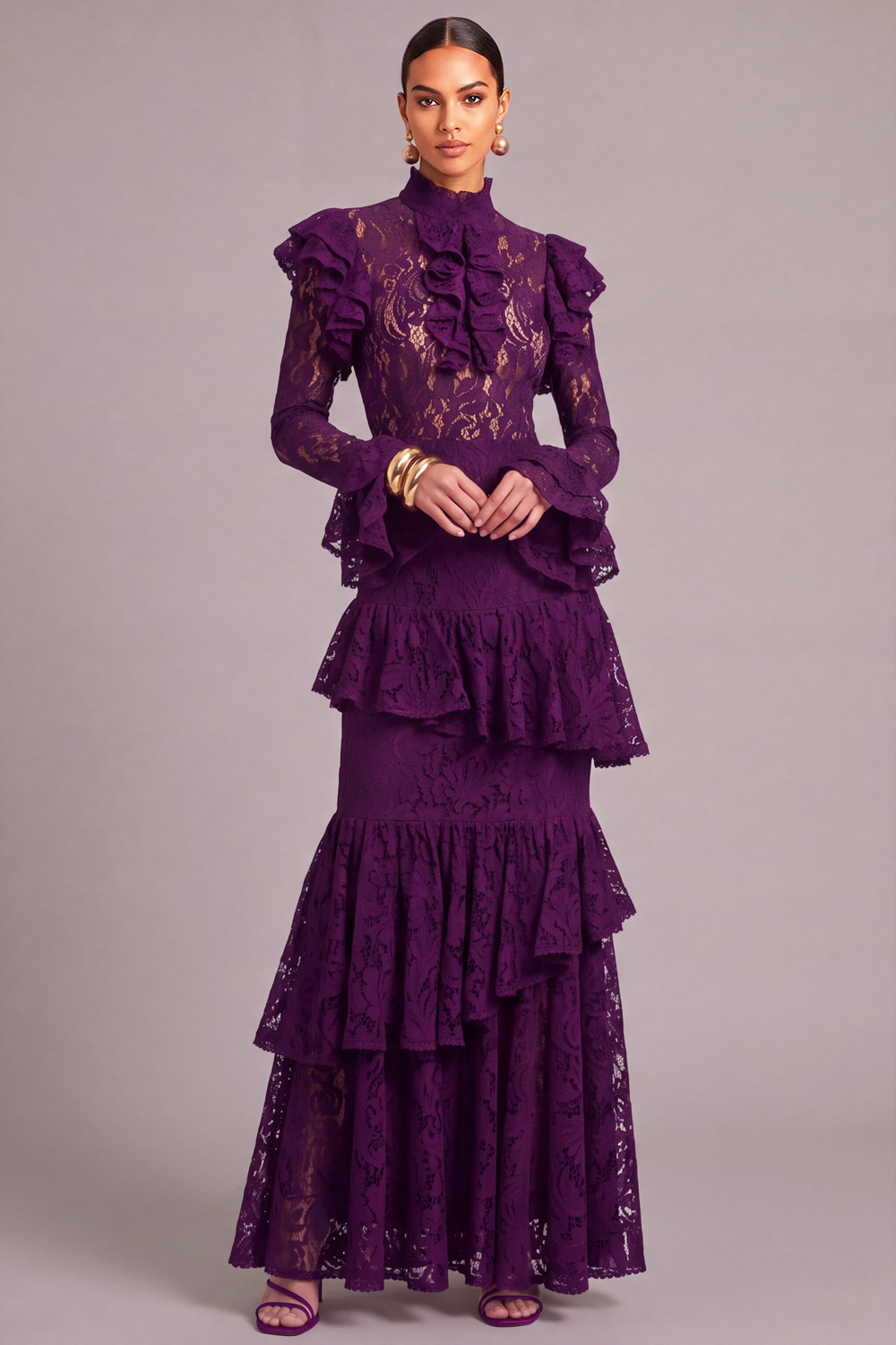 Leely Women Dark Purple Lace Long Ruffled Fall Wedding Guest Dress Tiered Mermaid High Neck Black Tie Dress with Sleeves