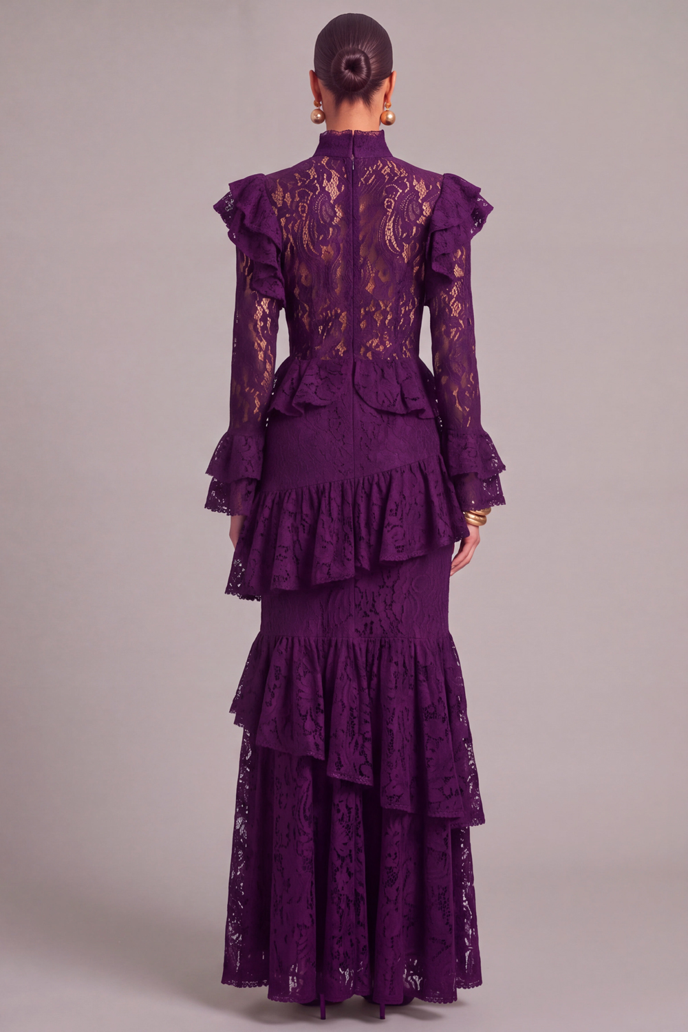 Black Tiered Lace High Neck Ruffled Long Wedding Guest Dress