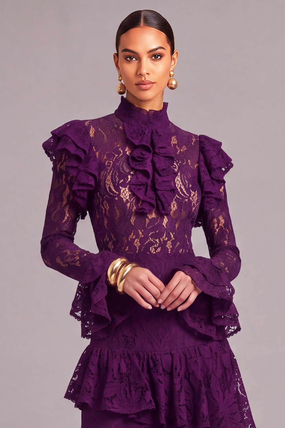 Black Tiered Lace High Neck Ruffled Long Wedding Guest Dress