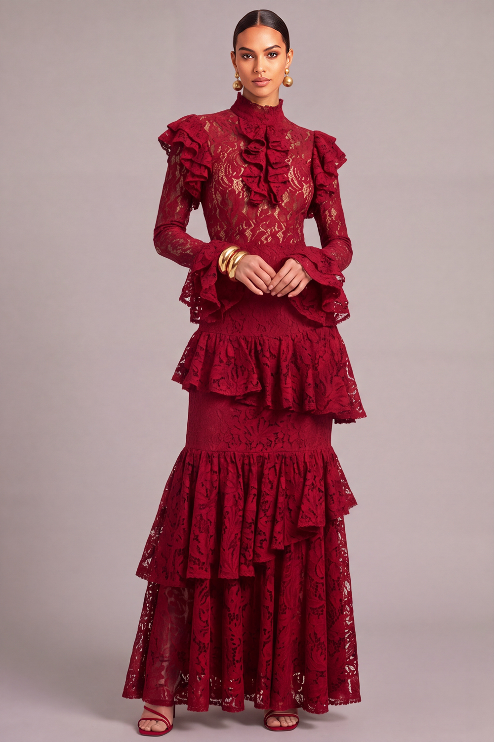 Leely Women Red Lace Long Ruffled Fall Wedding Guest Dress Tiered Mermaid High Neck Black Tie Dress with Sleeves