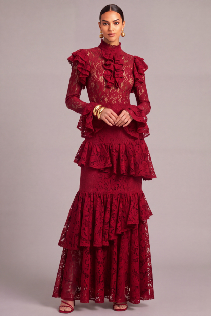 Leely Women Red Lace Long Ruffled Fall Wedding Guest Dress Tiered Mermaid High Neck Black Tie Dress with Sleeves