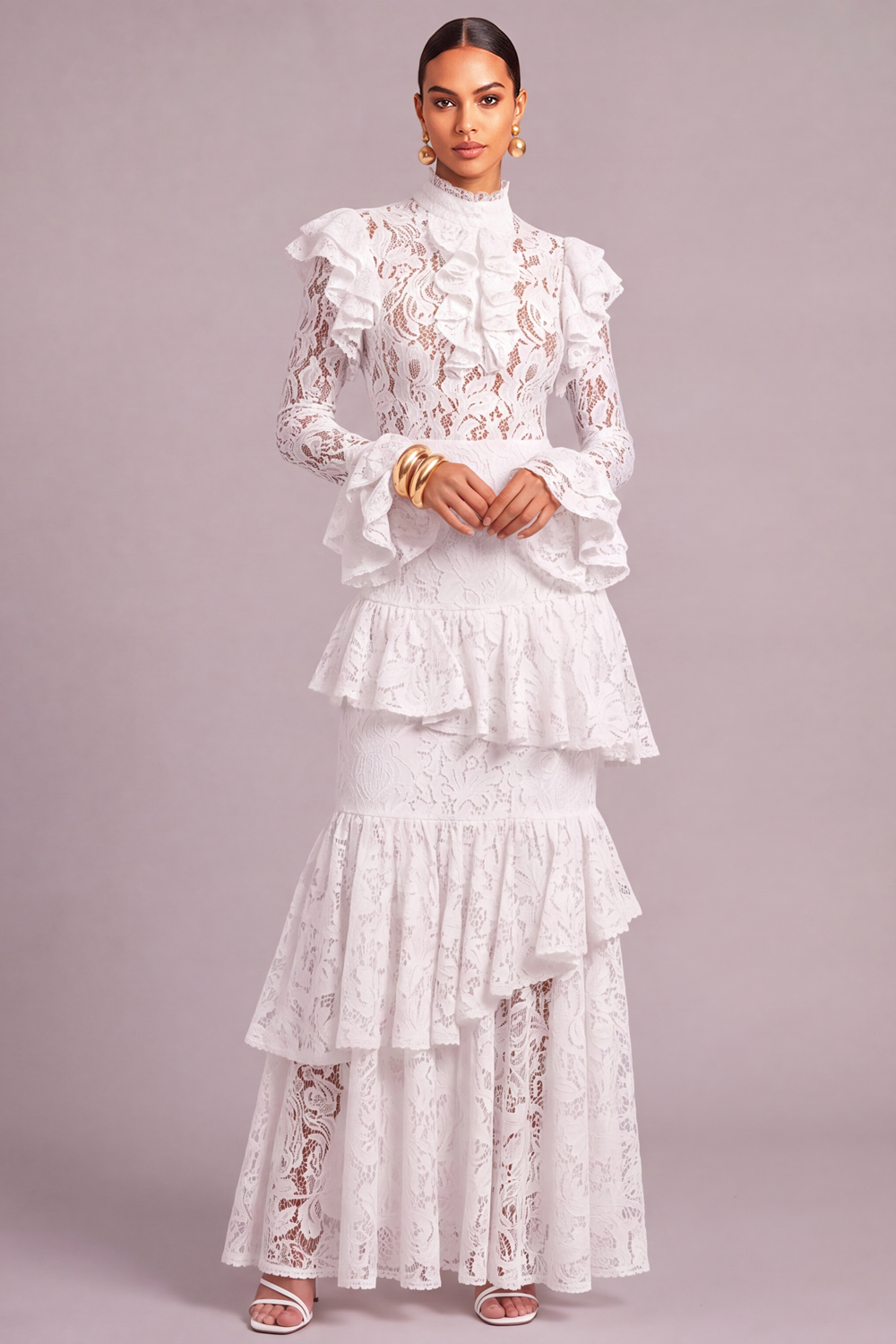 Leely Women White Lace Long Ruffled Fall Wedding Guest Dress Tiered Mermaid High Neck Black Tie Dress with Sleeves