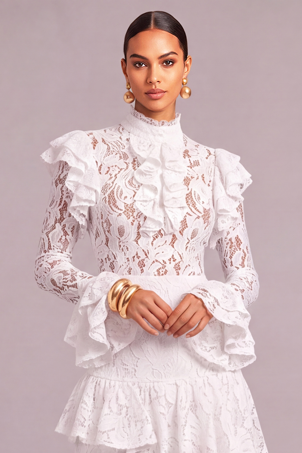 Black Tiered Lace High Neck Ruffled Long Wedding Guest Dress