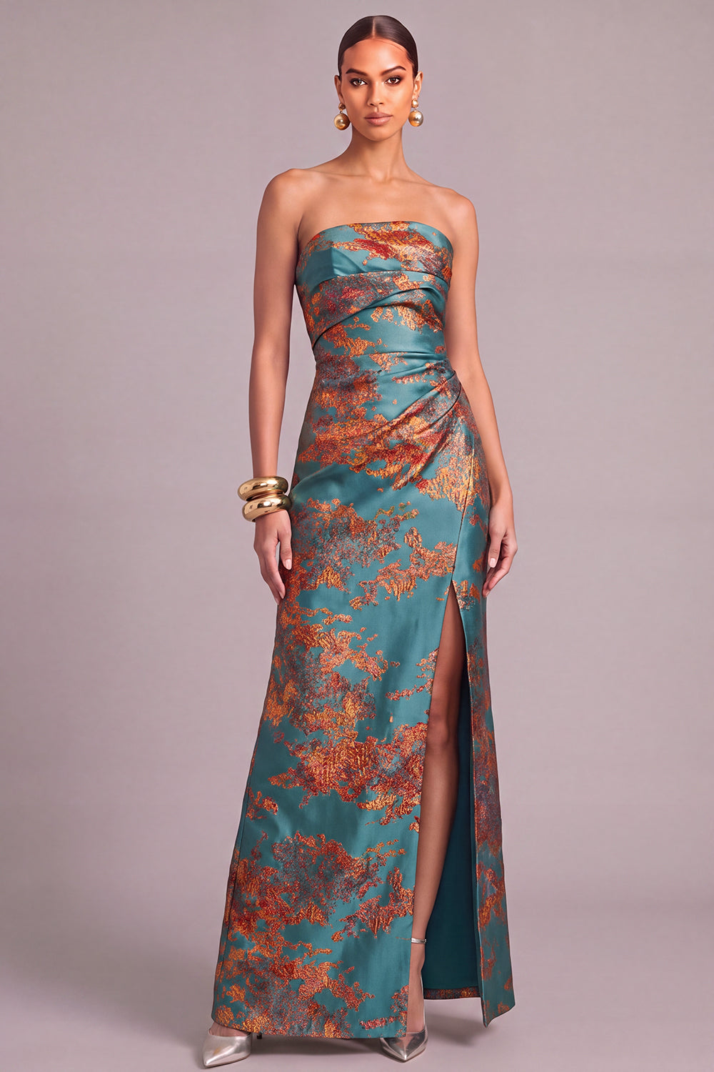 Leely Women Dark Green Long Floral Wedding Guest Dress Strapless Mermaid Ruched Formal Dress with Slit