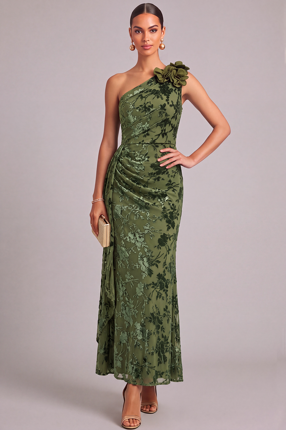 Army Green Mermaid Ruffled One Shoulder Long Wedding Guest Dress with 3D Flower