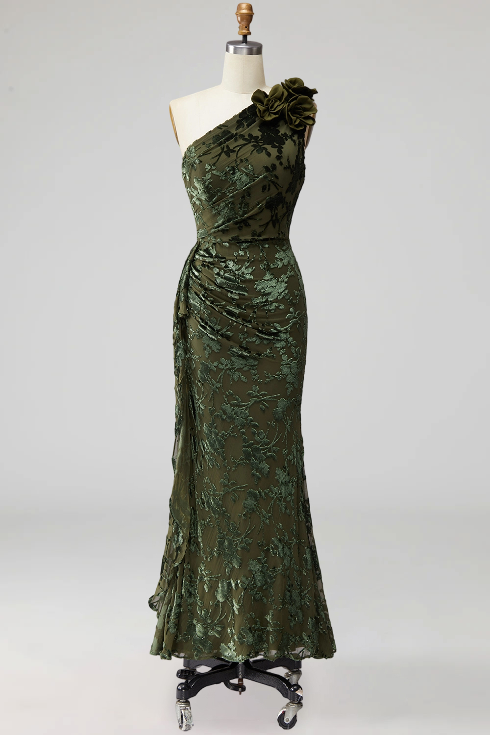 Army Green Mermaid Ruffled One Shoulder Long Wedding Guest Dress with 3D Flower