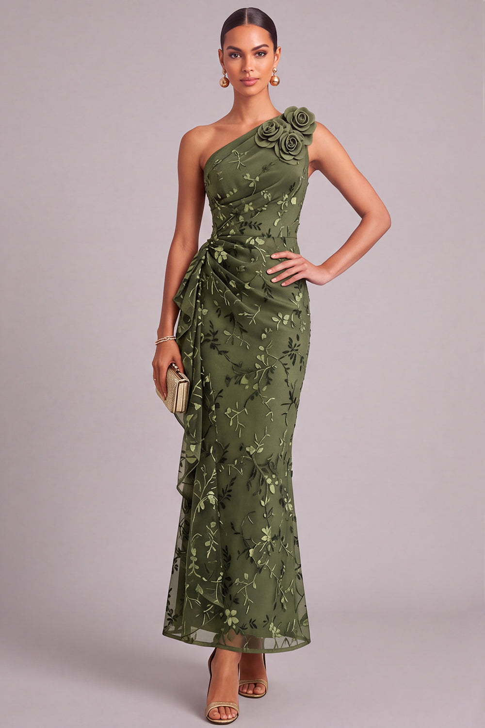 Army Green Mermaid Ruffled One Shoulder Long Wedding Guest Dress with 3D Flower