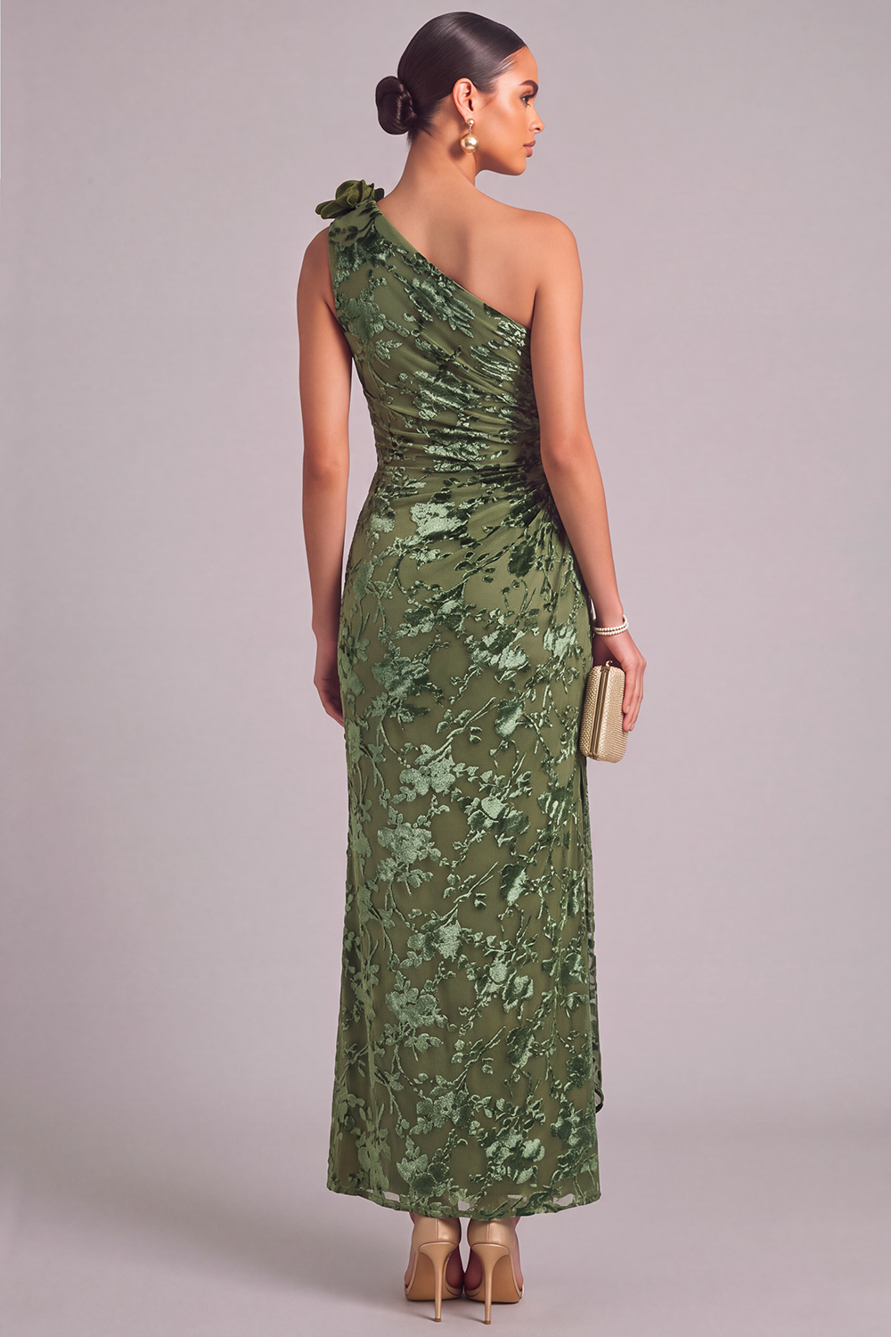 Army Green Mermaid Ruffled One Shoulder Long Wedding Guest Dress with 3D Flower