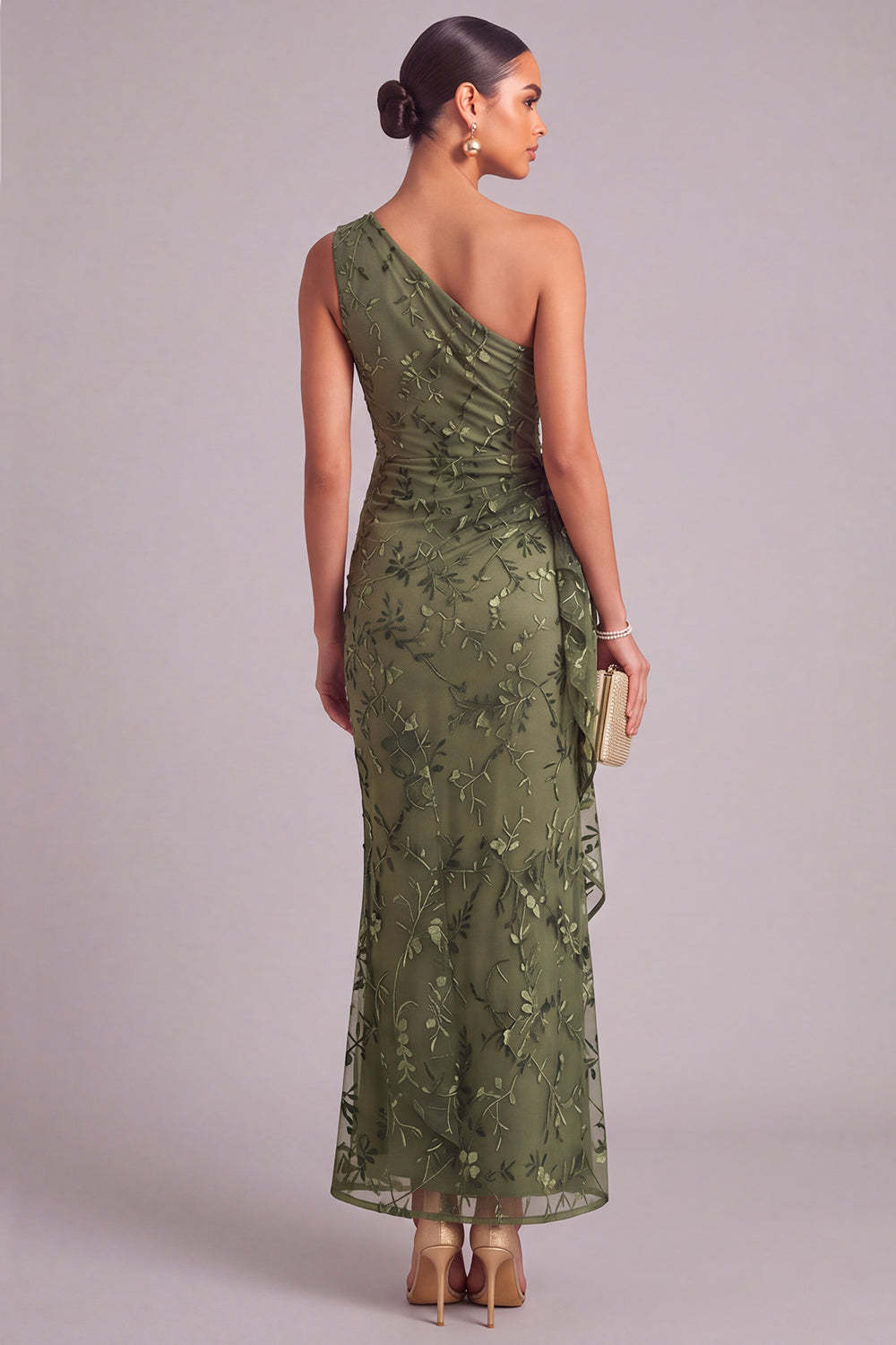 Army Green Mermaid Ruffled One Shoulder Long Wedding Guest Dress with 3D Flower