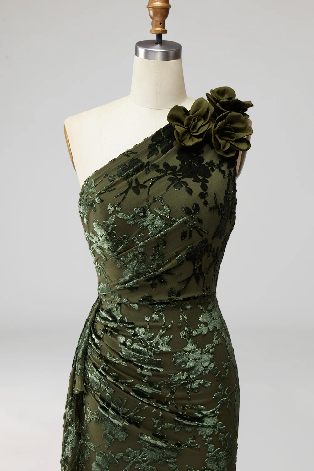 Army Green Mermaid Ruffled One Shoulder Long Wedding Guest Dress with 3D Flower