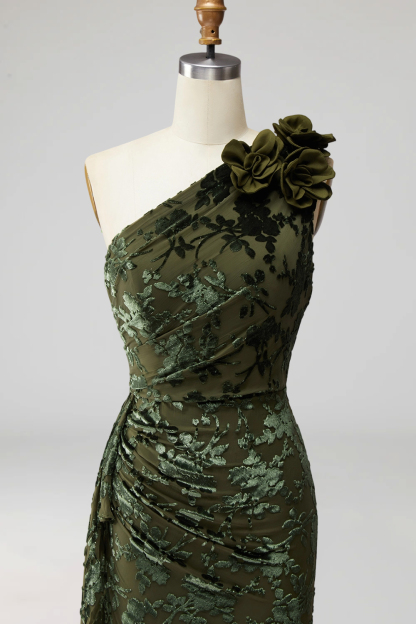 Army Green Mermaid Ruffled One Shoulder Long Wedding Guest Dress with 3D Flower