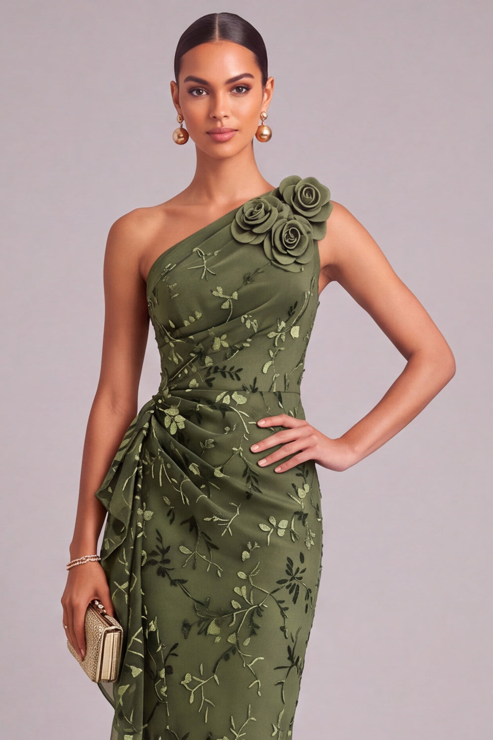 Army Green Mermaid Ruffled One Shoulder Long Wedding Guest Dress with 3D Flower