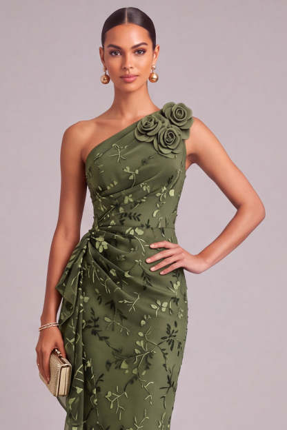 Army Green Mermaid Ruffled One Shoulder Long Wedding Guest Dress with 3D Flower