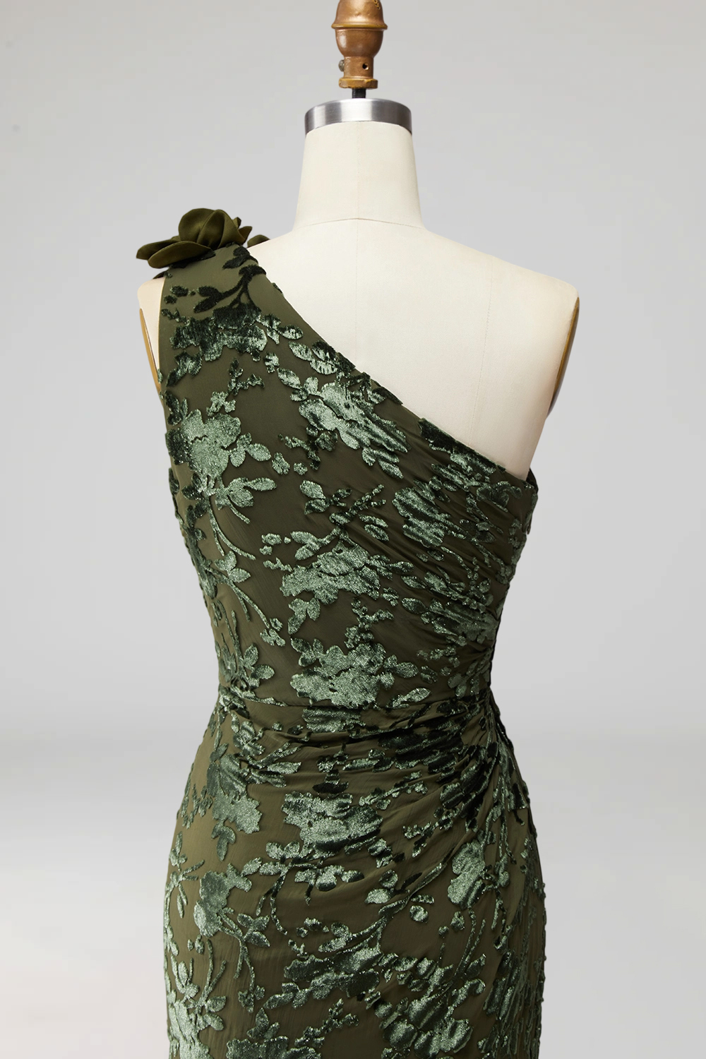 Army Green Mermaid Ruffled One Shoulder Long Wedding Guest Dress with 3D Flower