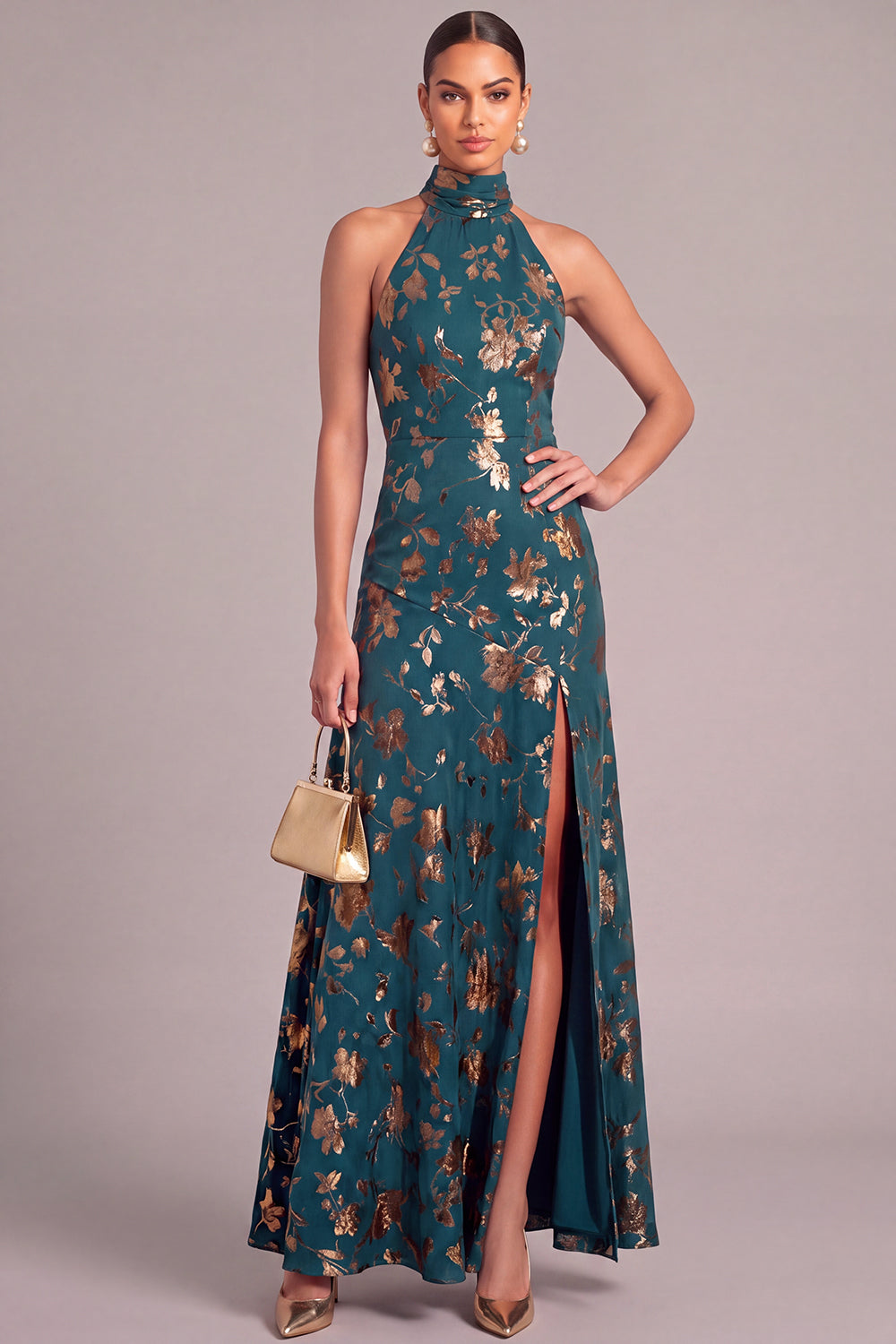 Leely Women Floral Dark Green Long Wedding Guest Dress Mermaid High Neck Formal Dress with Slit