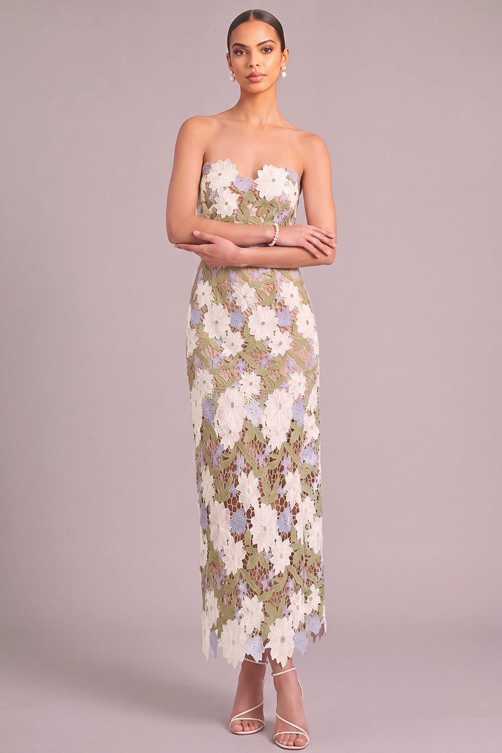 Leely Women Floral Light Green Long Fall Wedding Guest Dress Lace Sheath Strapless Formal Dress with Slit Garden Party Dress