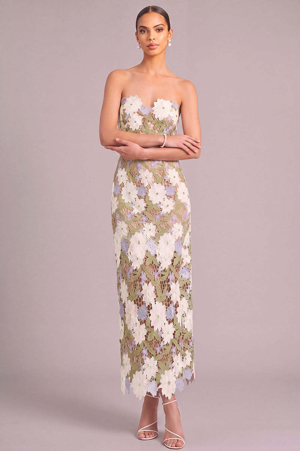 Leely Women Floral Light Green Long Fall Wedding Guest Dress Lace Sheath Strapless Formal Dress with Slit Garden Party Dress
