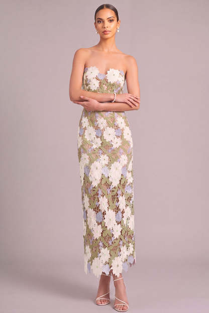 Leely Women Floral Light Green Long Fall Wedding Guest Dress Lace Sheath Strapless Formal Dress with Slit Garden Party Dress