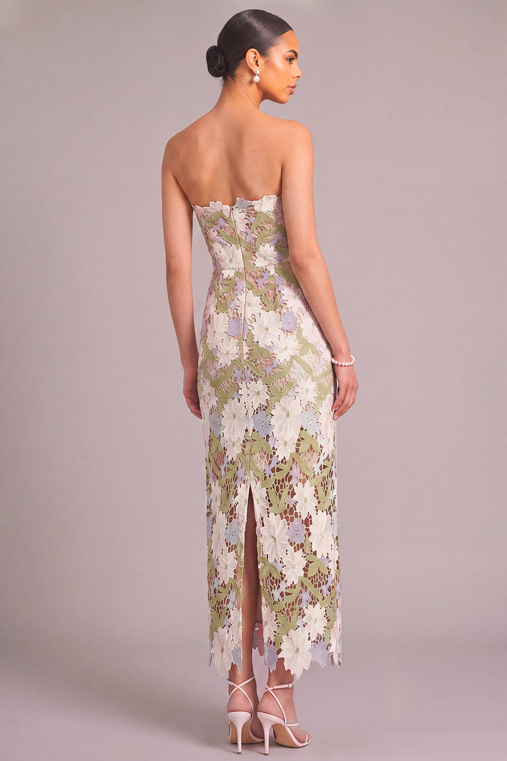 Leely Women Floral Light Green Long Fall Wedding Guest Dress Lace Sheath Strapless Formal Dress with Slit Garden Party Dress