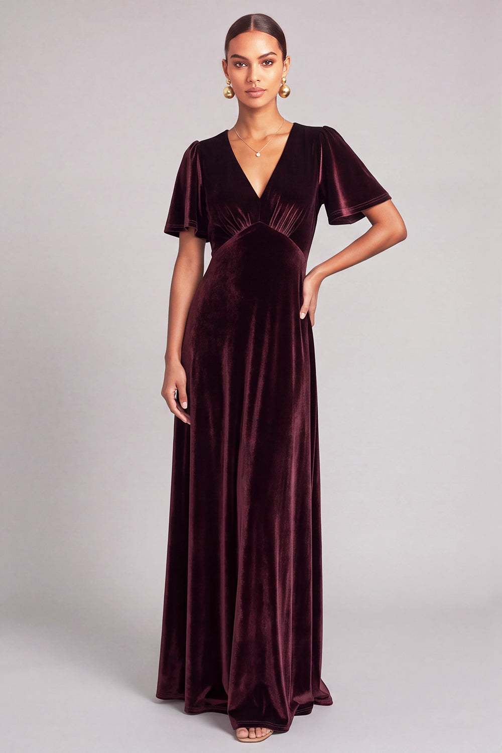 Burgundy A-Line V-Neck Velvet Long Formal Dress with Sleeves