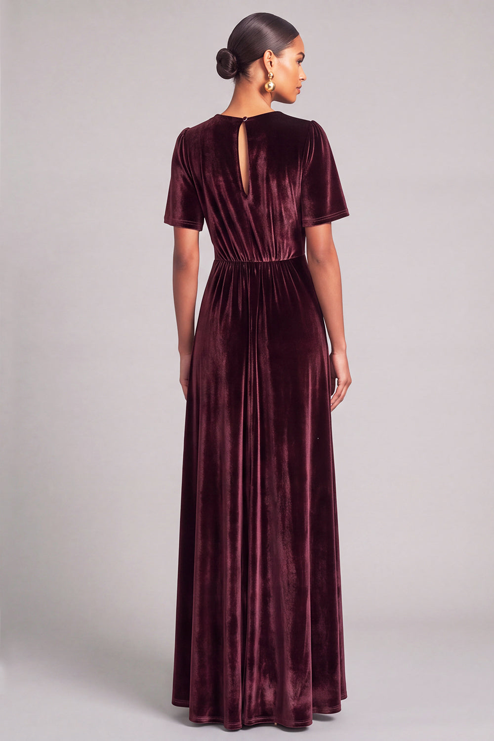 Burgundy A-Line V-Neck Velvet Long Formal Dress with Sleeves