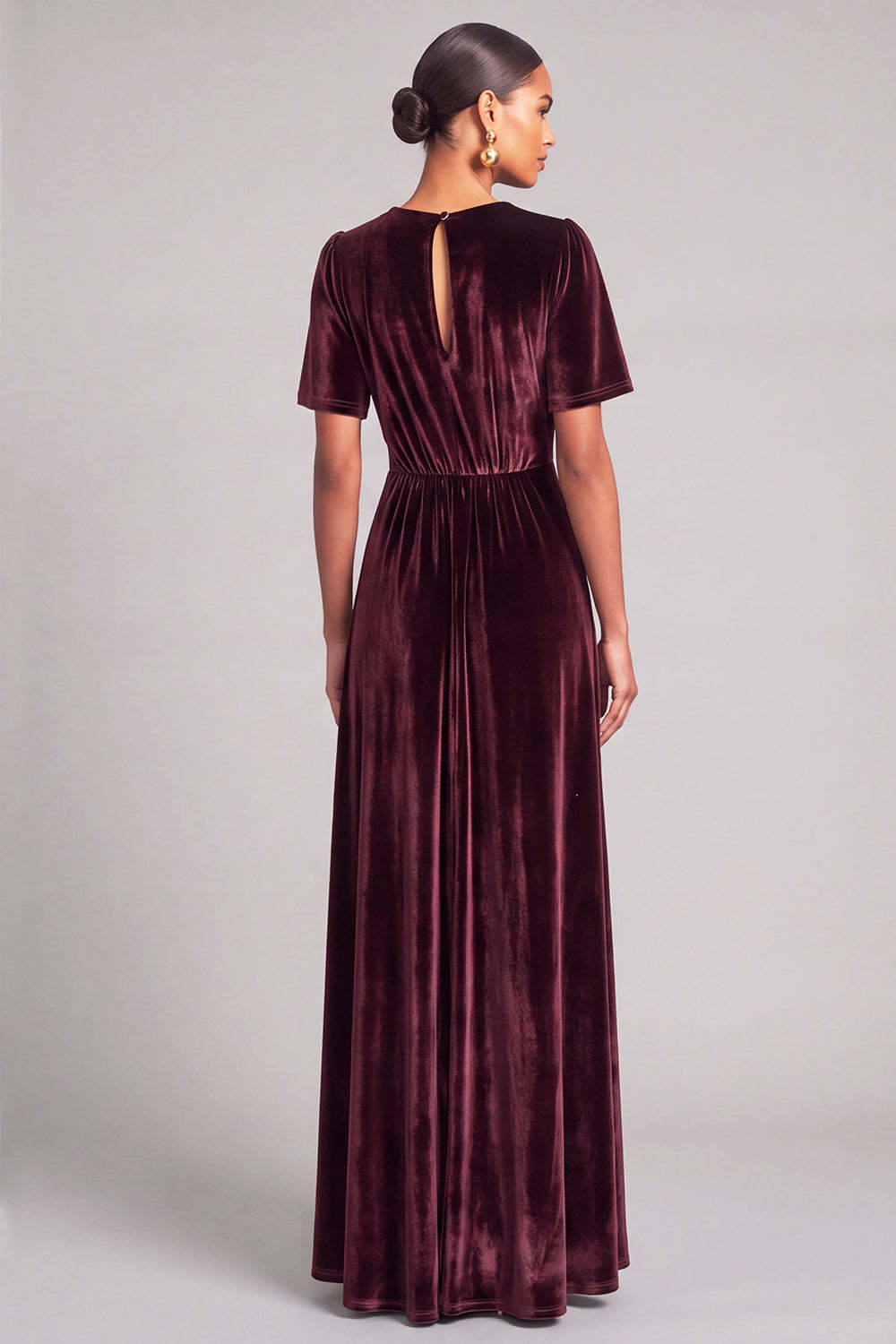 Burgundy A-Line V-Neck Velvet Long Formal Dress with Sleeves