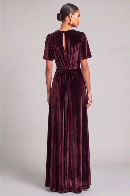 Burgundy A-Line V-Neck Velvet Long Formal Dress with Sleeves