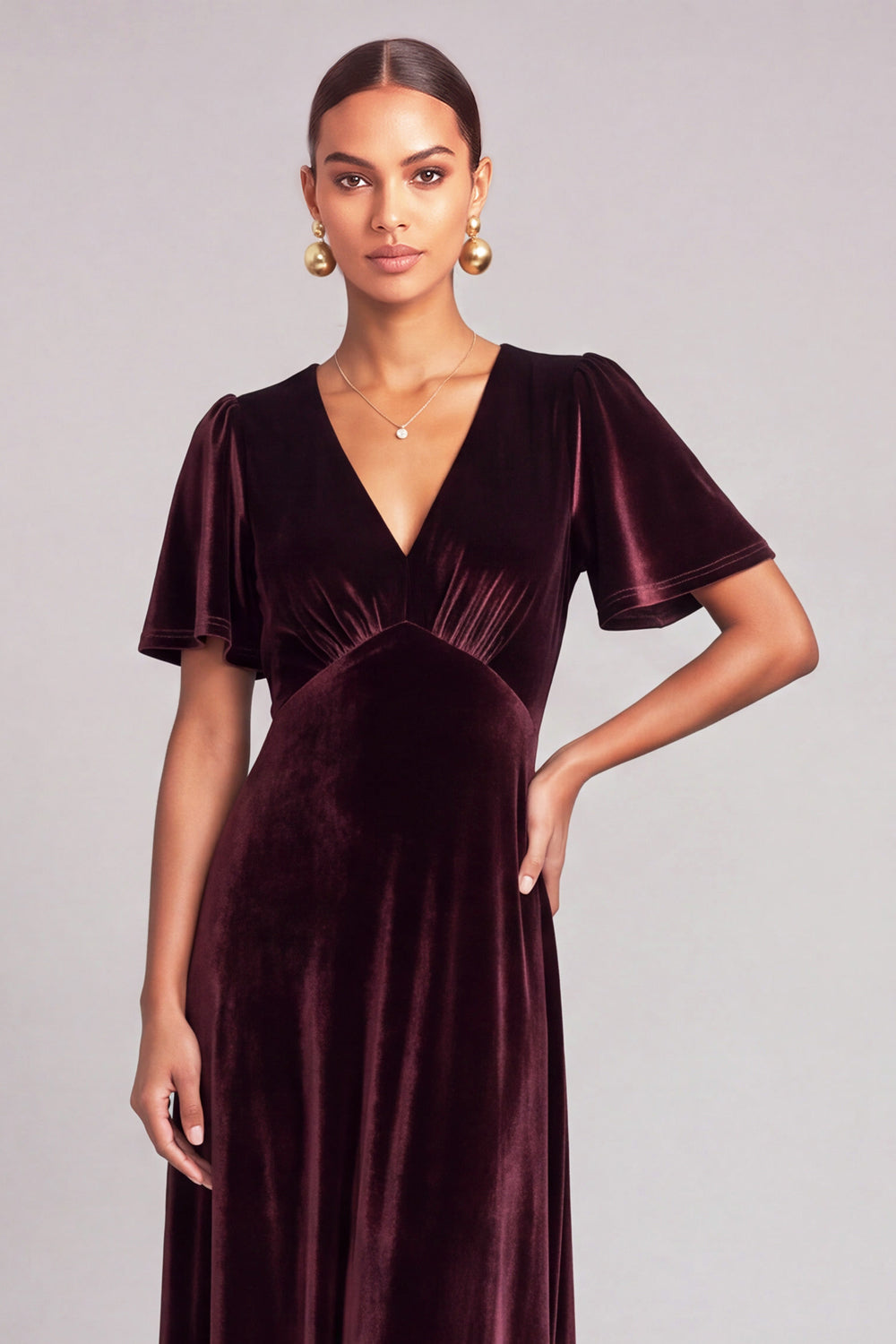 Burgundy A-Line V-Neck Velvet Long Formal Dress with Sleeves