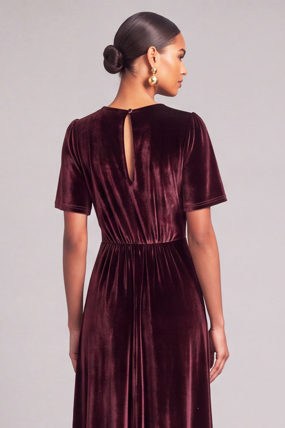 Burgundy A-Line V-Neck Velvet Long Formal Dress with Sleeves