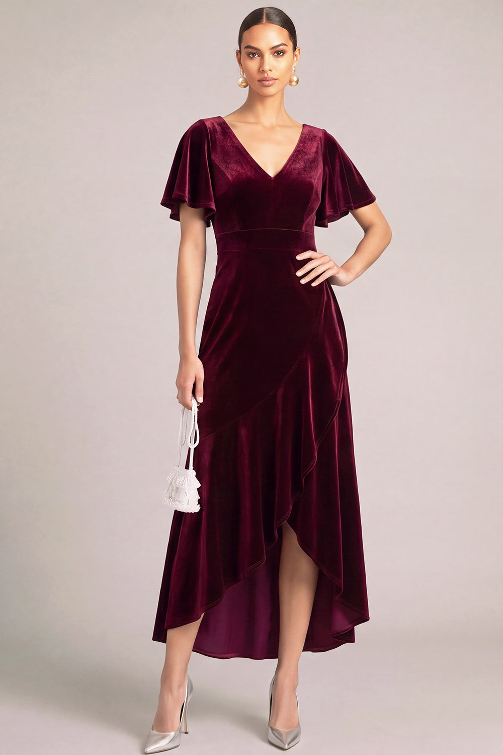 Burgundy Velvet V-Neck High-Low Formal Dress with Sleeves