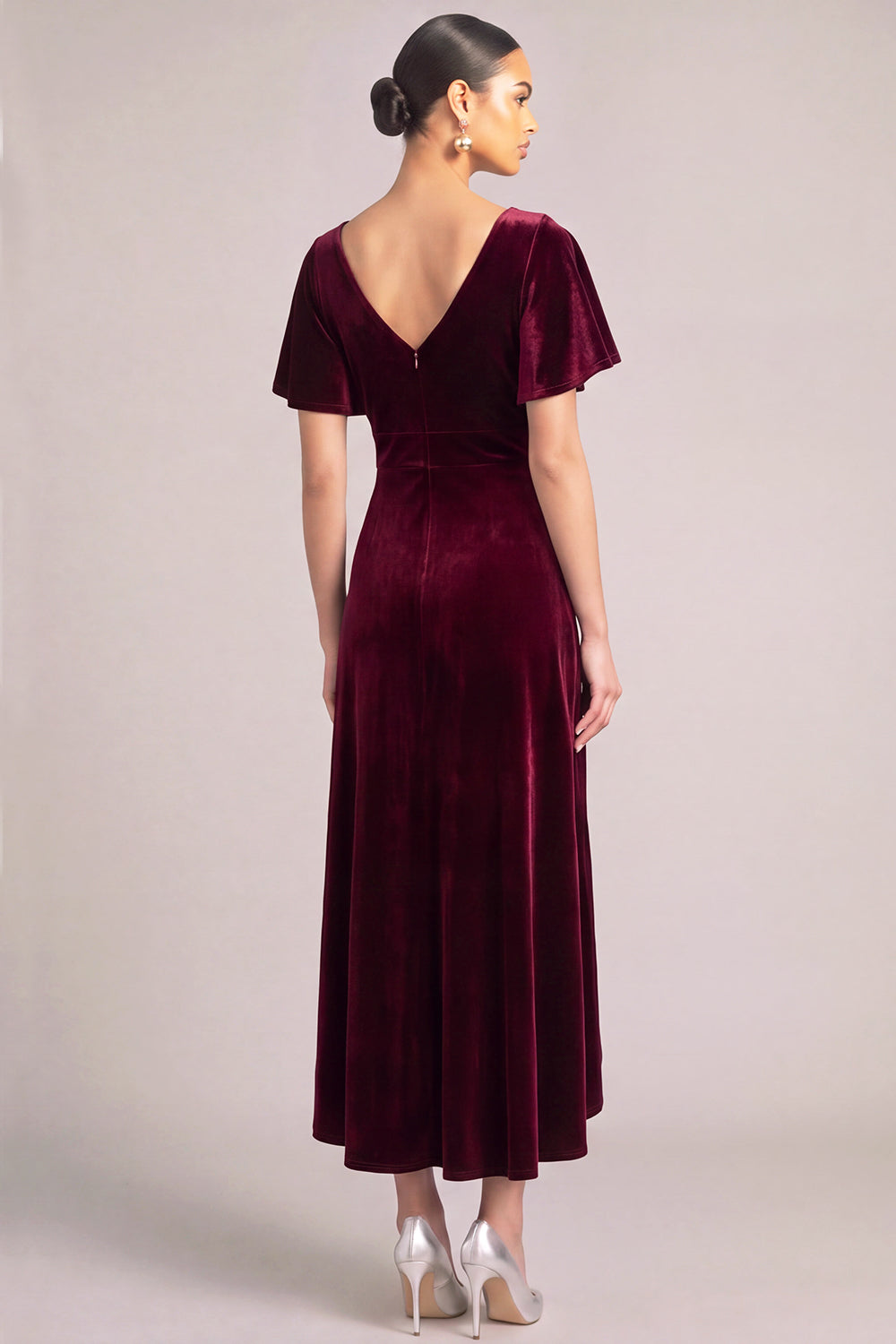 Burgundy Velvet V-Neck High-Low Formal Dress with Sleeves