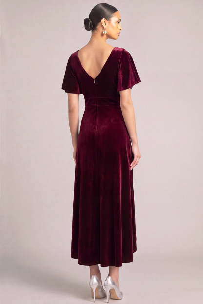 Burgundy Velvet V-Neck High-Low Formal Dress with Sleeves