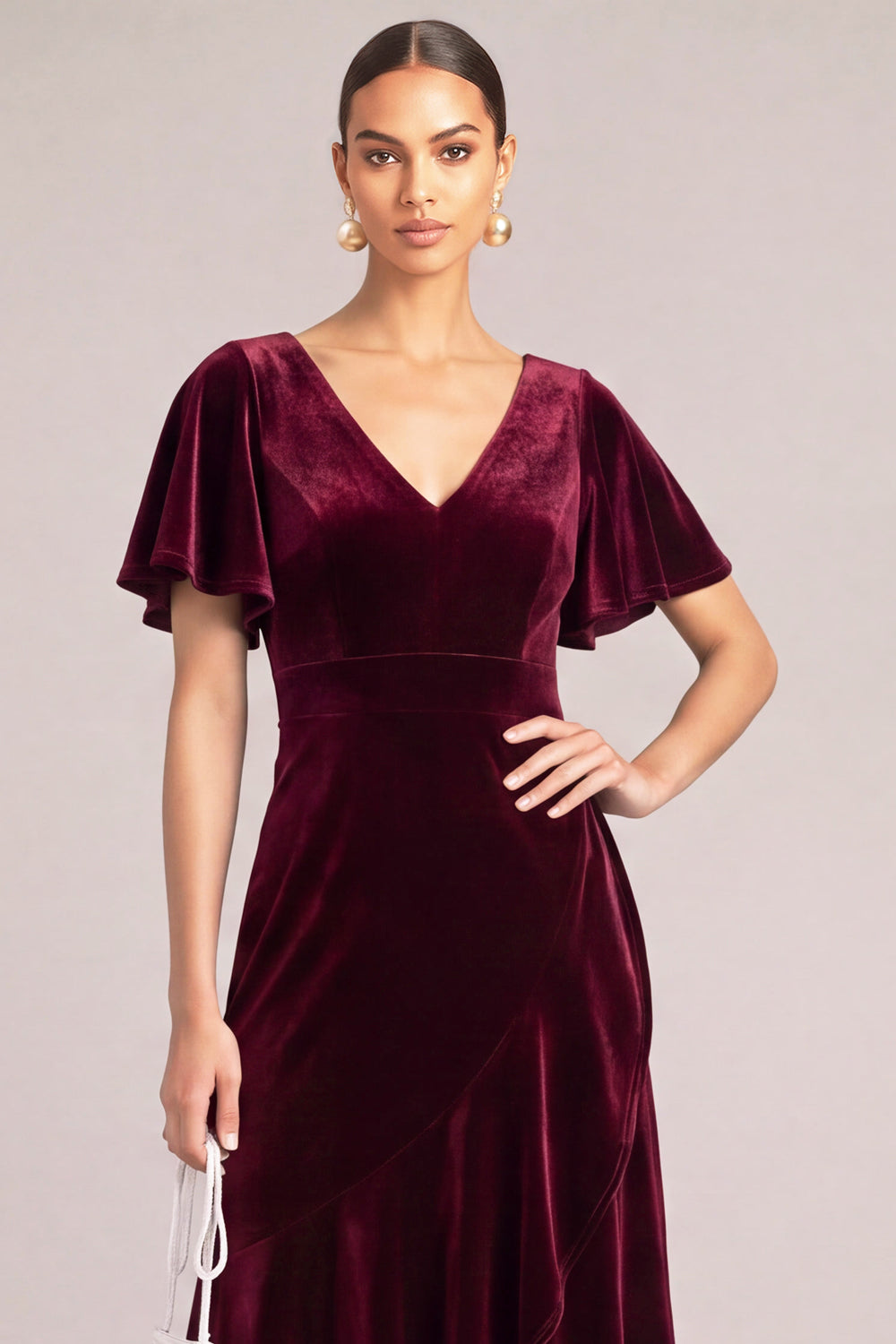Burgundy Velvet V-Neck High-Low Formal Dress with Sleeves