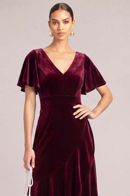 Burgundy Velvet V-Neck High-Low Formal Dress with Sleeves