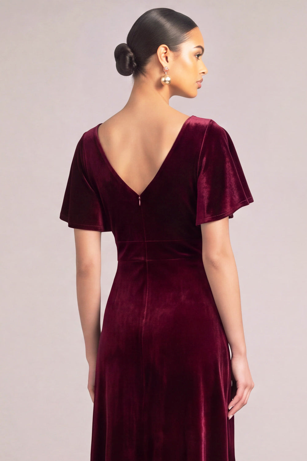 Burgundy Velvet V-Neck High-Low Formal Dress with Sleeves