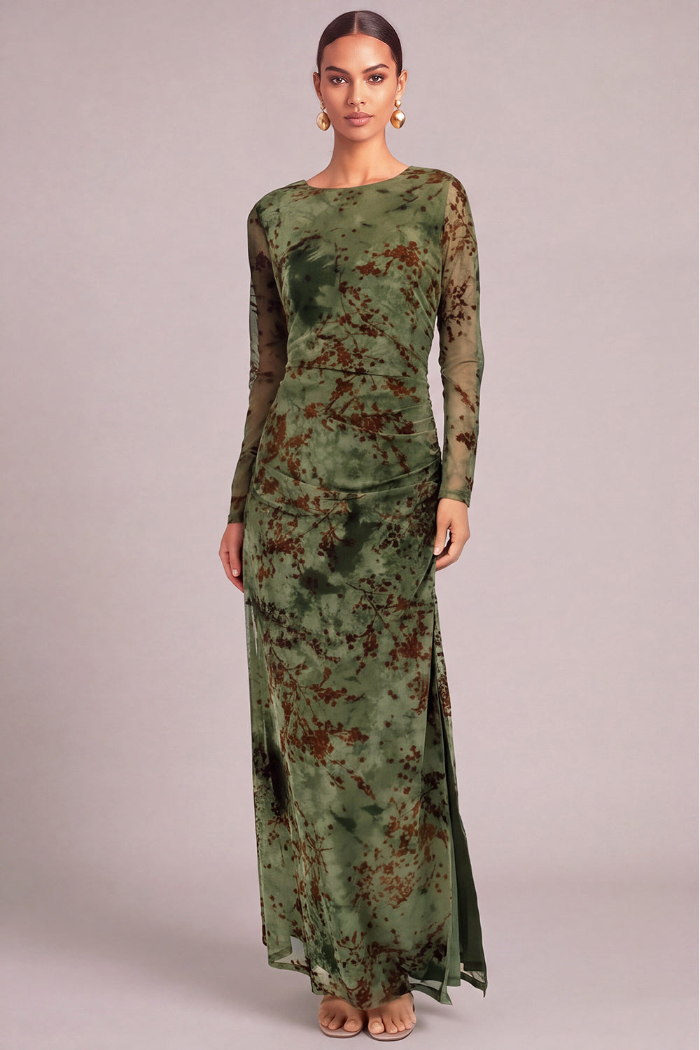 Dark Green Sheath Round Neck Floral Ruched Long Formal Dress with Slit