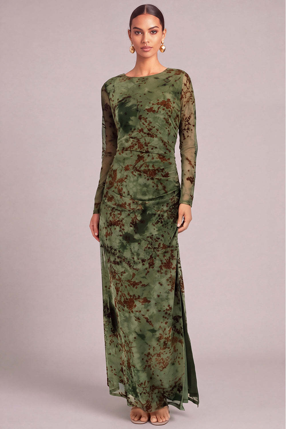 Leely Women Dark Green Long Floral Formal Dress Round Neck Long Sleeves Sheath Ruched Holiday Dress with Slit