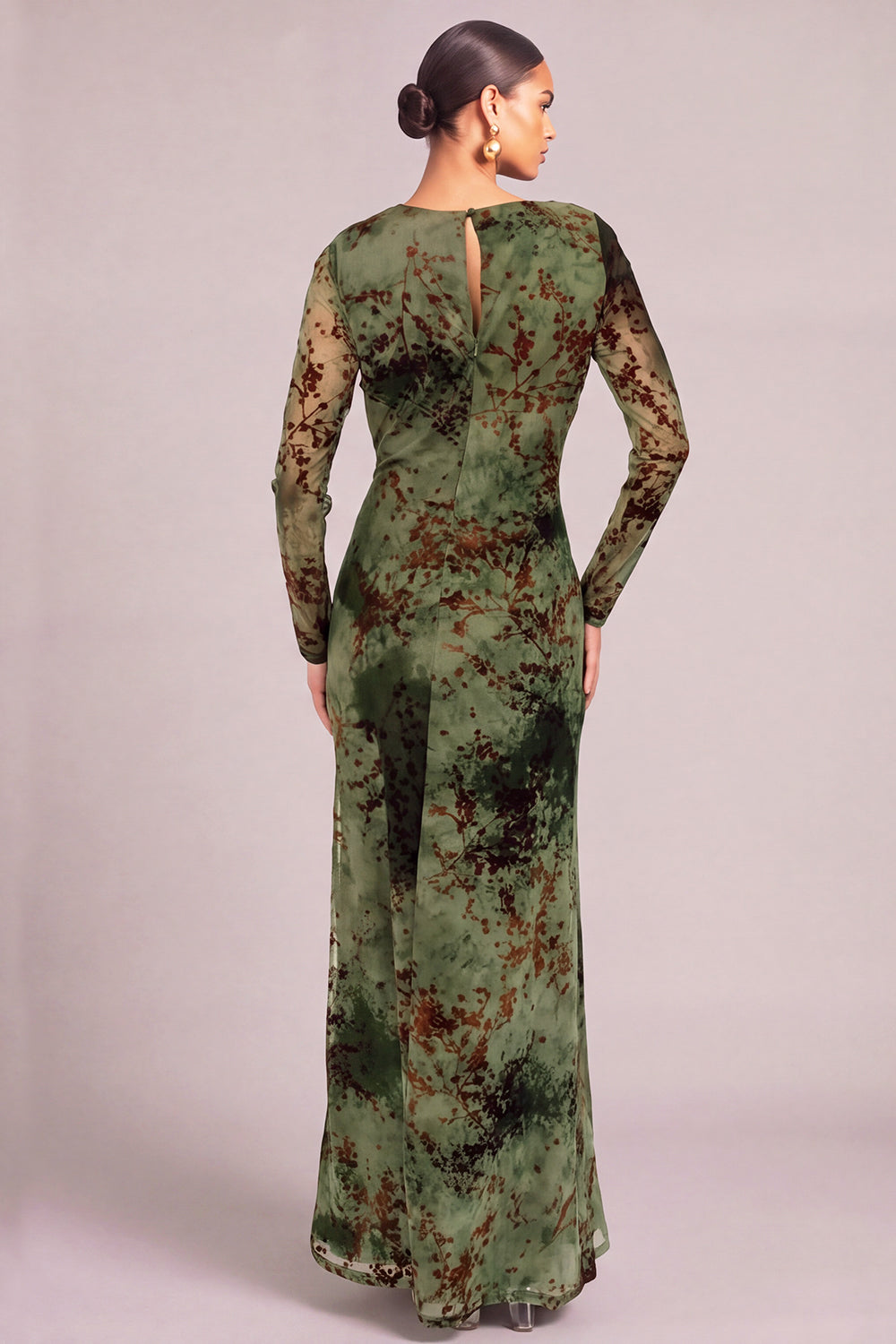 Dark Green Sheath Round Neck Floral Ruched Long Formal Dress with Slit