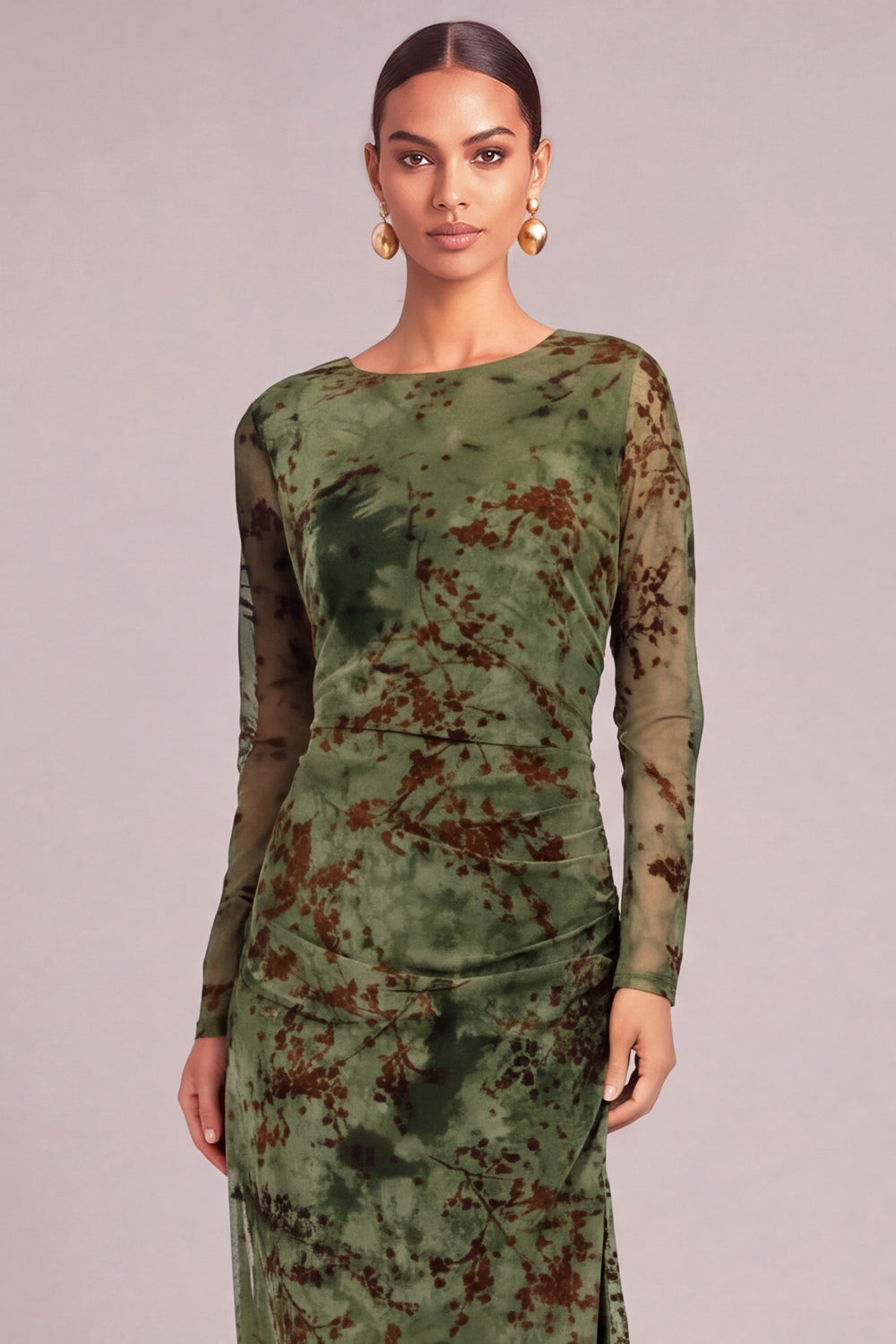 Dark Green Sheath Round Neck Floral Ruched Long Formal Dress with Slit