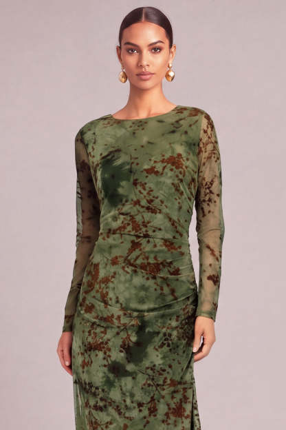 Dark Green Sheath Round Neck Floral Ruched Long Formal Dress with Slit