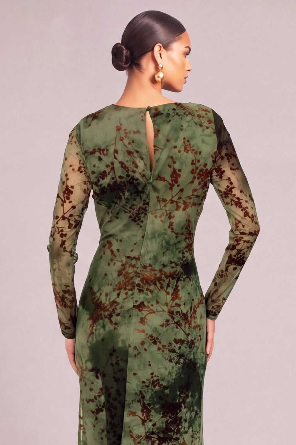 Dark Green Sheath Round Neck Floral Ruched Long Formal Dress with Slit