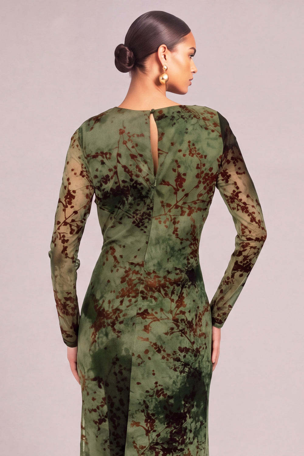 Dark Green Sheath Round Neck Floral Ruched Long Formal Dress with Slit
