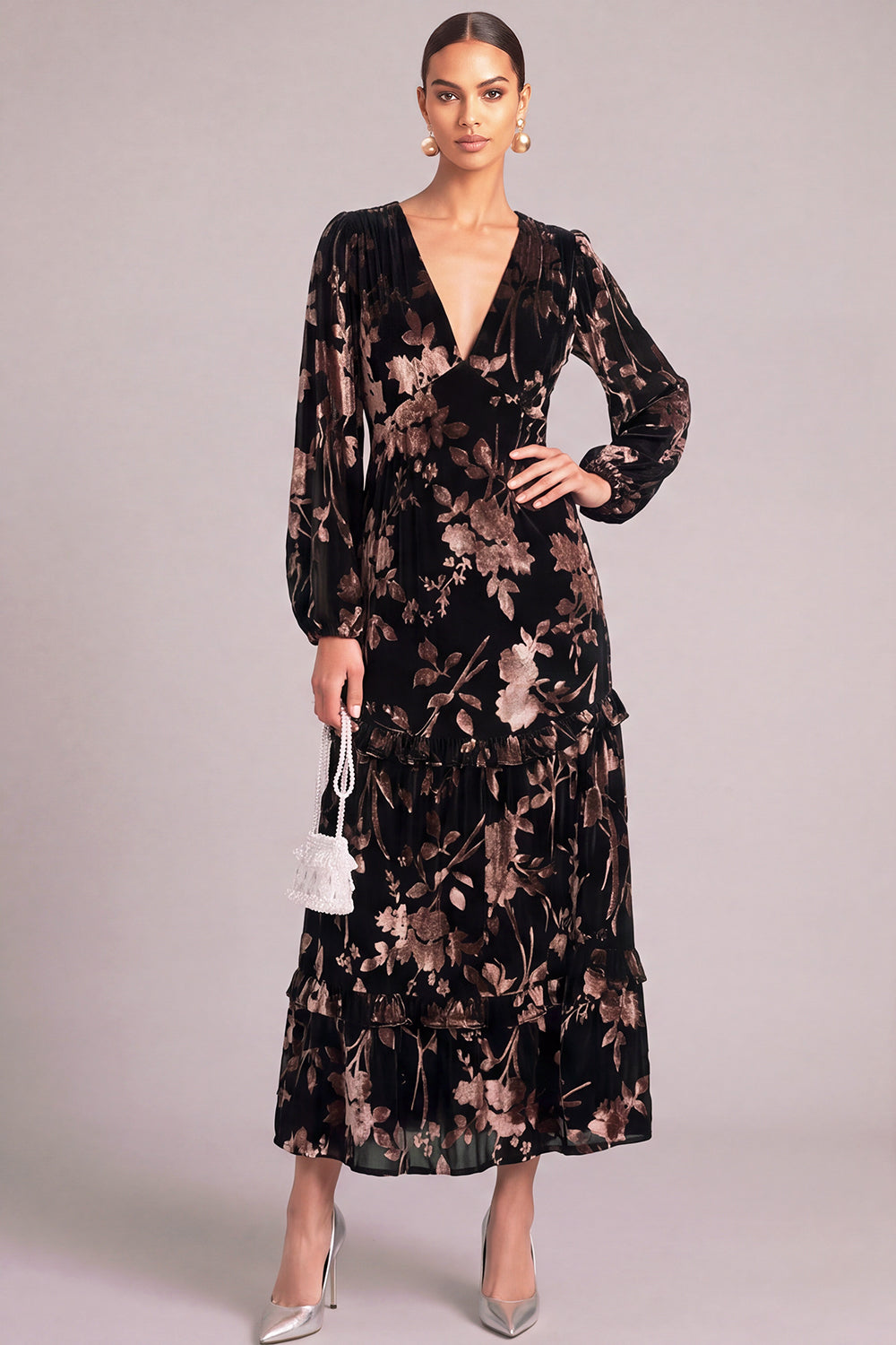 Black Velvet V-Neck Floral Ruffled Long Formal Dress with Sleeves