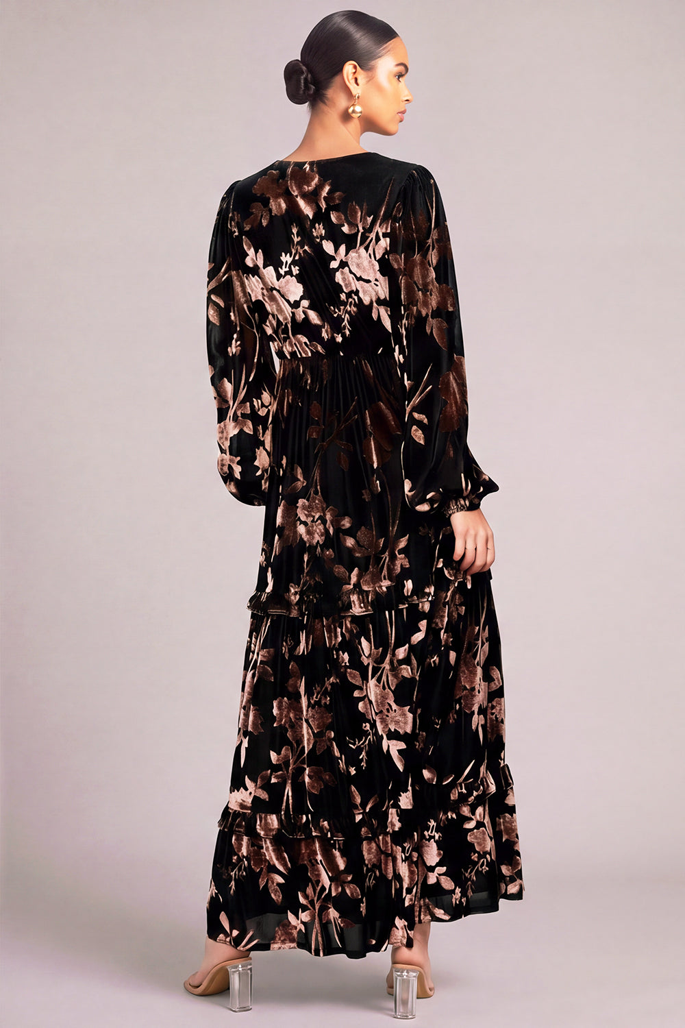 Black Velvet V-Neck Floral Ruffled Long Formal Dress with Sleeves