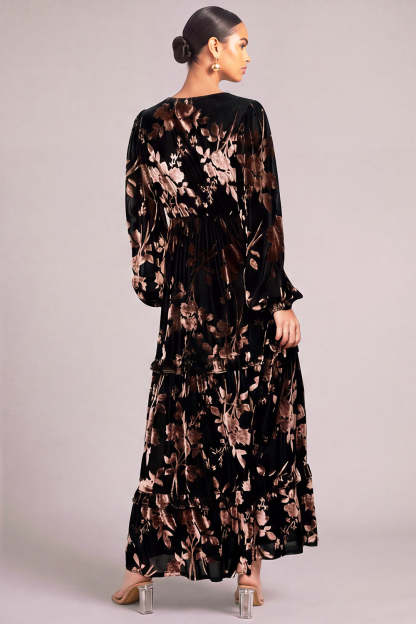 Black Velvet V-Neck Floral Ruffled Long Formal Dress with Sleeves