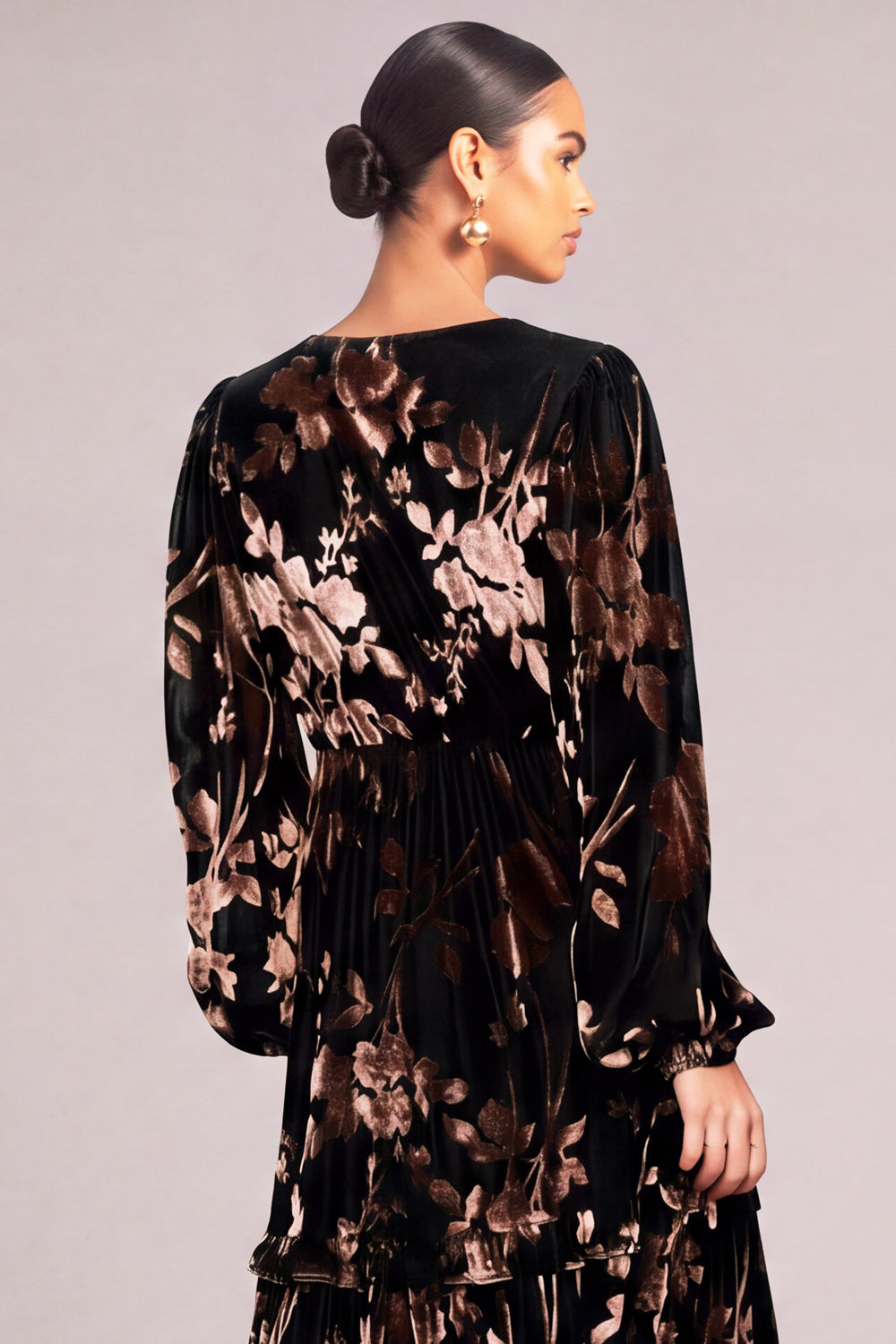 Black Velvet V-Neck Floral Ruffled Long Formal Dress with Sleeves
